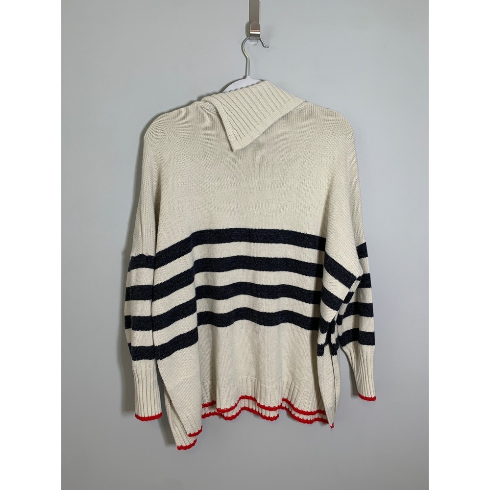Mersea Striped Cowl Neck Sweater Women OS Cream Navy Red‎ Scallop Trim Oversized - Picture 7 of 11